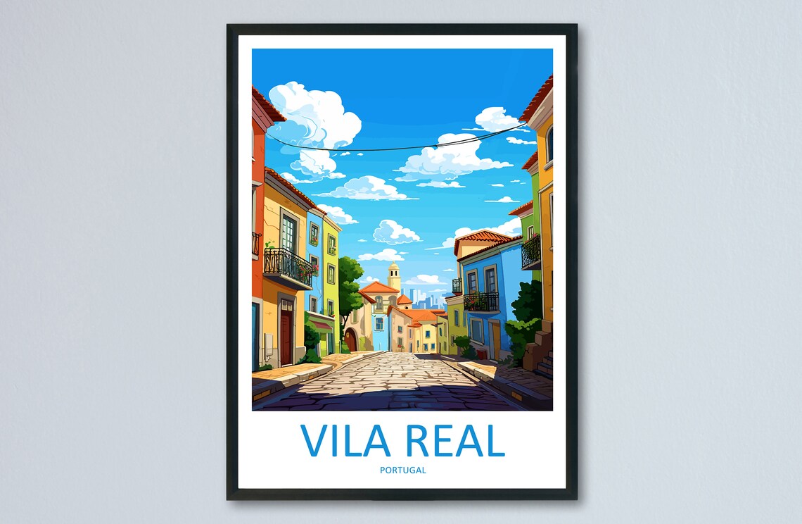 Vila Real Portugal Colorful Cobblestone Street Old Town Travel Poster