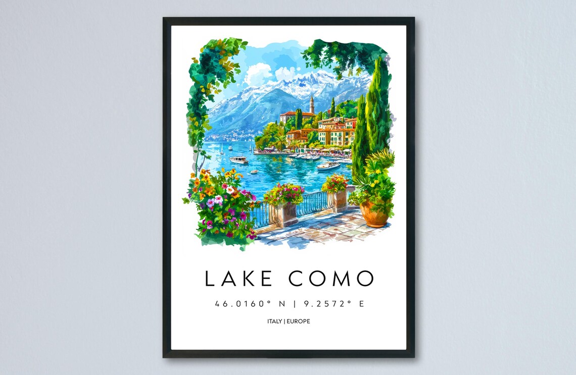 Lake Como Watercolor Travel Poster Italian Lake Scene With Coordinates