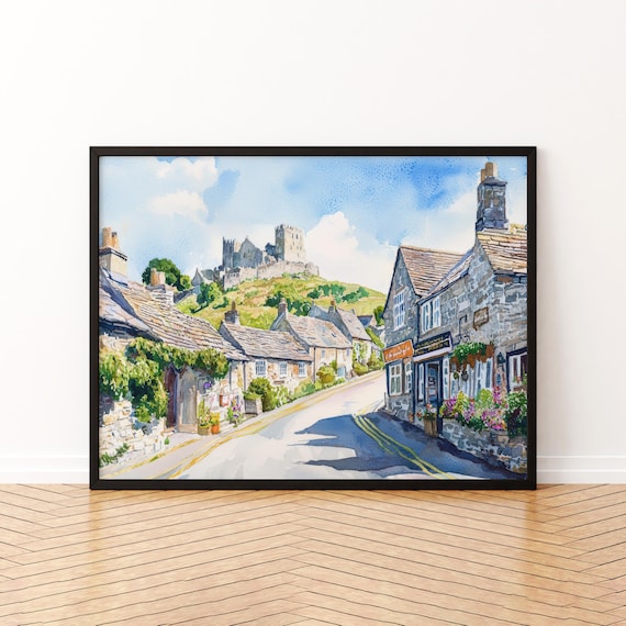 Corfe Castle England Watercolor Poster Village Ruins Dorset Scenic Decor