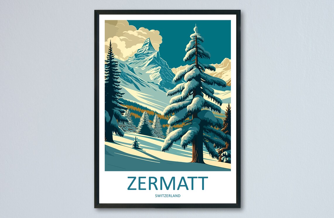 Zermatt Switzerland Matterhorn Snowy Pine Forest Alpine Travel Poster