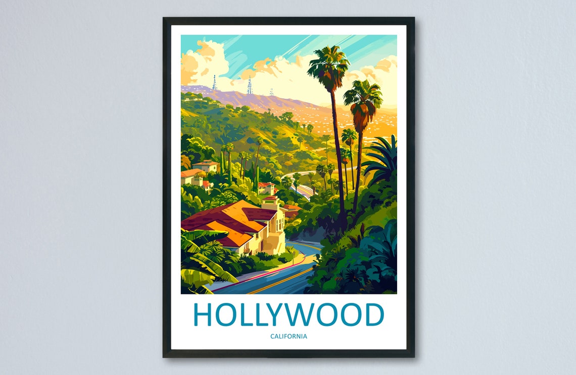 Hollywood California Sunny Vintage Travel Poster With Palm Trees