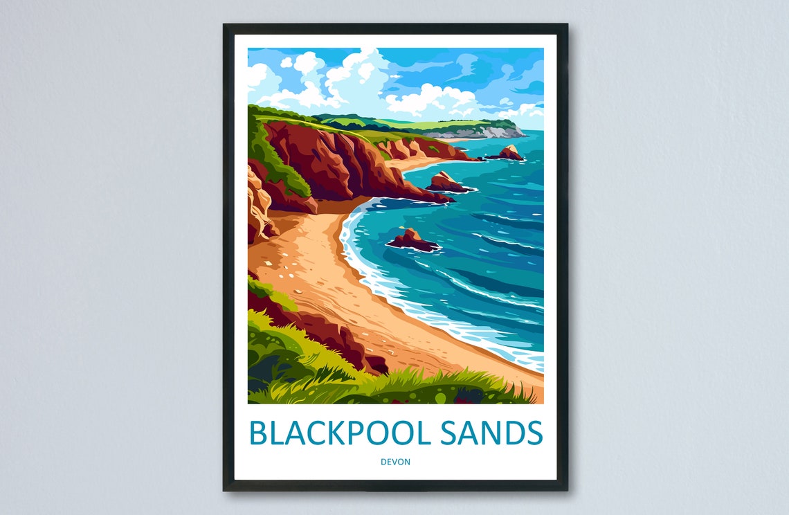 Blackpool Sands Devon Red Cliffs Beach Cove England Travel Poster