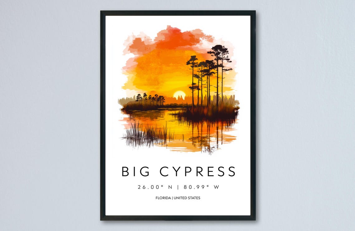 Big Cypress Florida Sunset Wetlands Silhouette Watercolor Poster