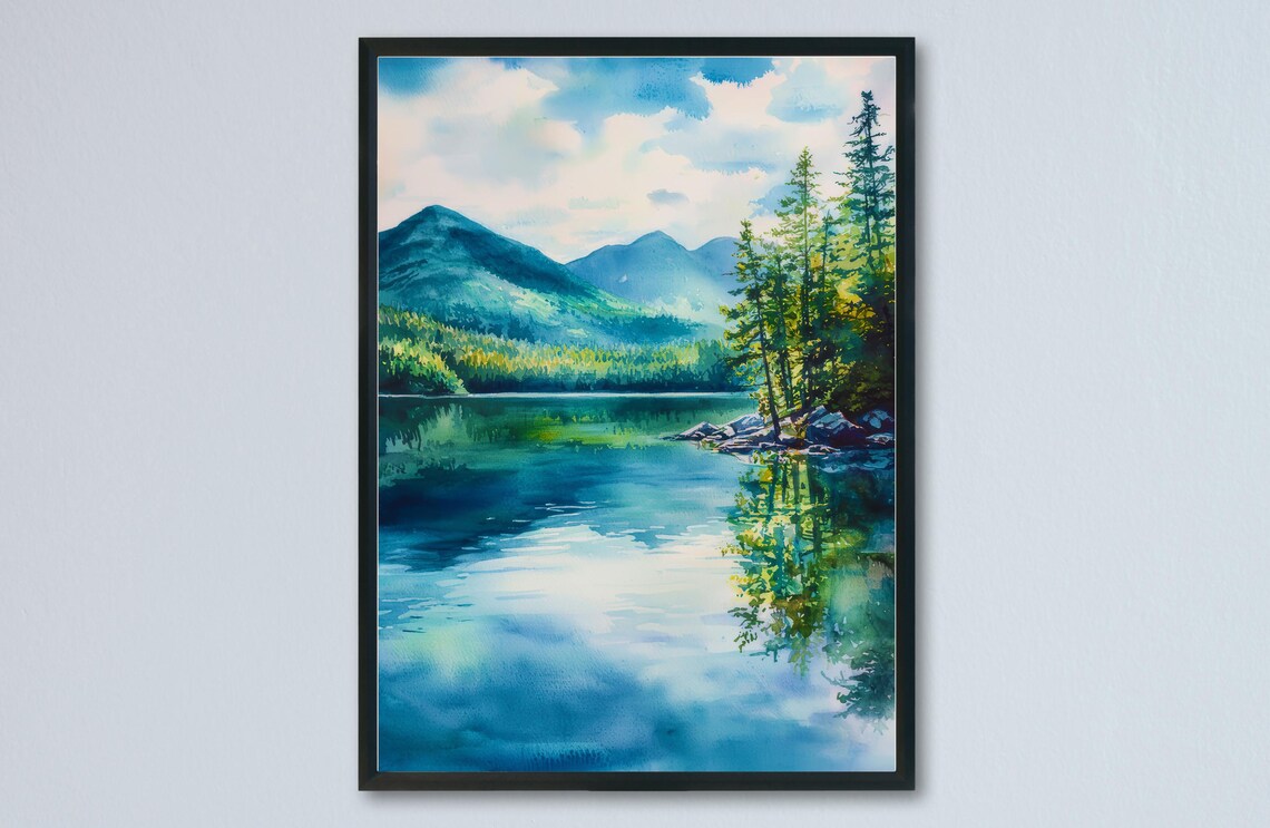 Adirondacks Mountain Lake Pine Reflection Watercolor New York Poster