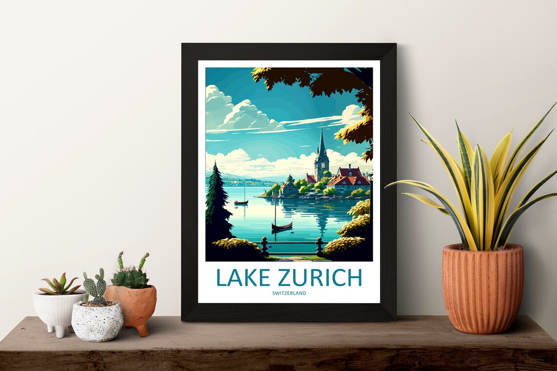 Scenic Lake Zurich Switzerland Lakeside Village Church Travel Poster - Image 3