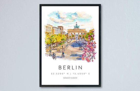Berlin Watercolor Germany Brandenburg Gate Boulevard Travel Poster
