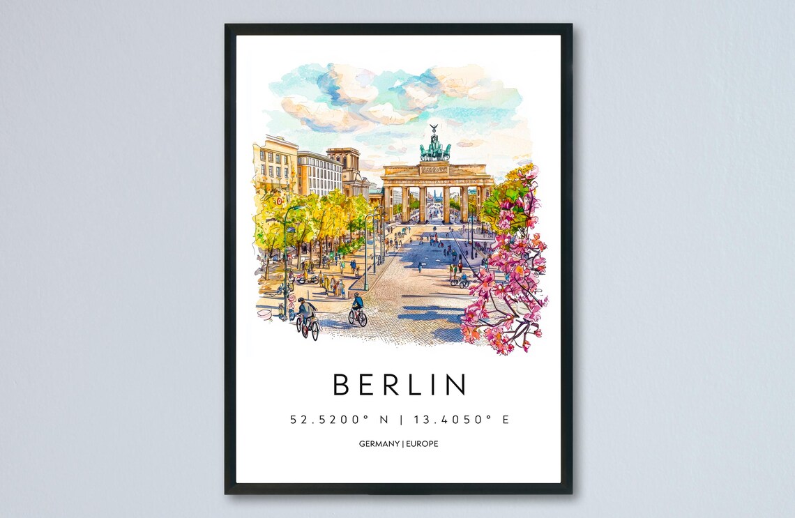 Berlin Watercolor Germany Brandenburg Gate Boulevard Travel Poster