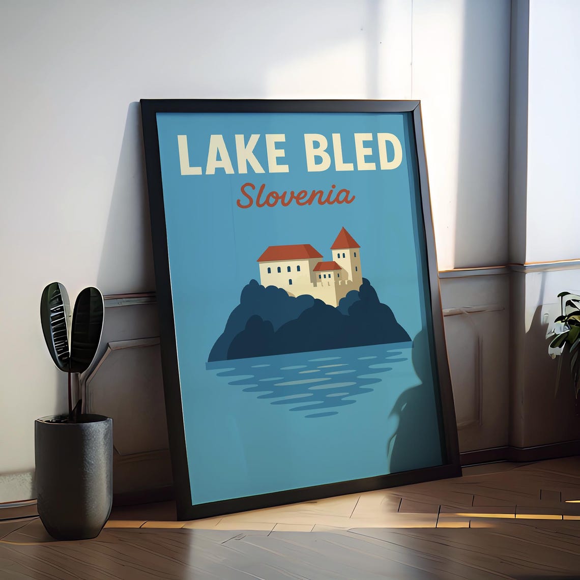 Lake Bled Slovenia Retro Travel Poster Castle Island Minimal Art