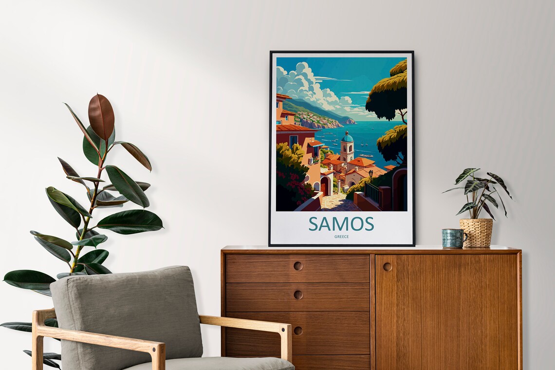 Samos Greece Aegean Coastal Village Bell Tower Travel Poster - Image 2