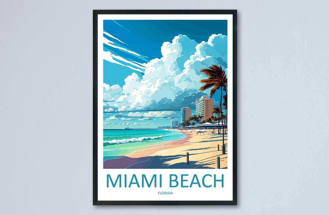 Miami Beach Florida Vintage Travel Beach Illustration Poster