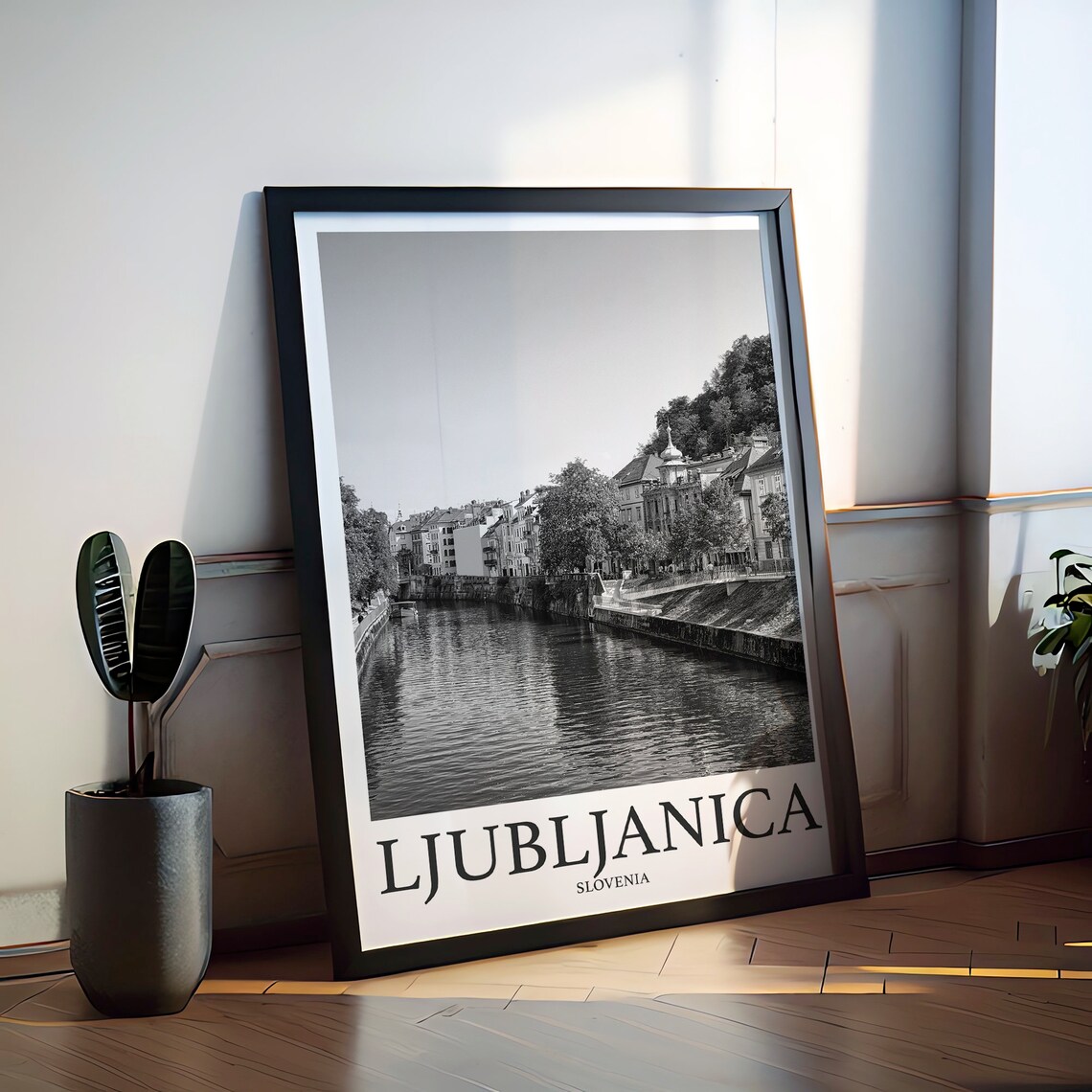 Ljubljanica Slovenia Black and White Riverside Photo Poster Art - Image 2
