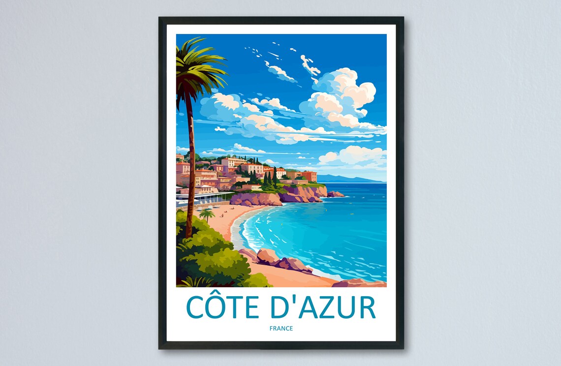 Cote d'Azur Riviera Beach Palm Tree French Coast Travel Poster