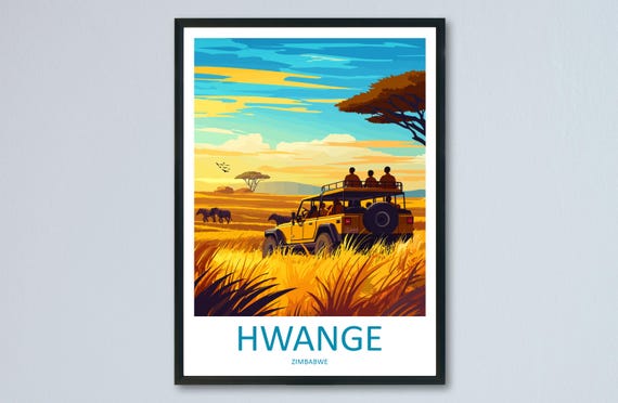 Hwange National Park Travel Poster Zimbabwe Wall Art Safari View Print Wildlife Scene Illustration Nature Decor Gift Souvenir