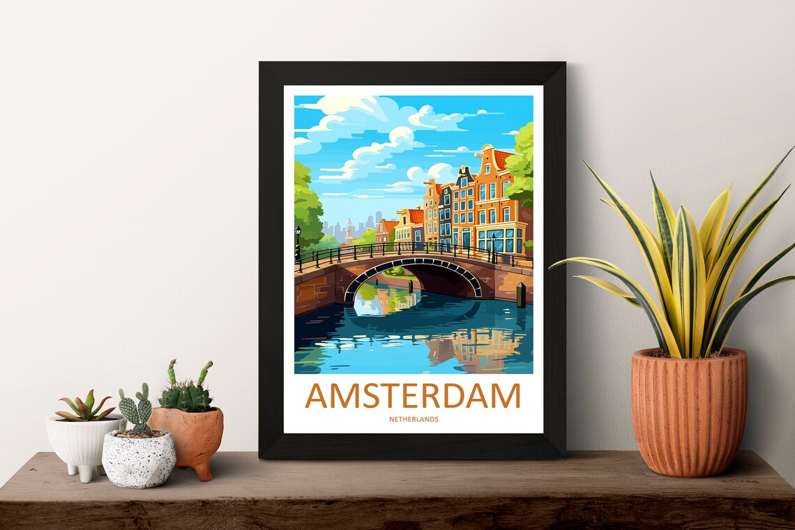 Amsterdam Netherlands Canal Bridge Gabled Houses Daytime Travel Poster - Image 3