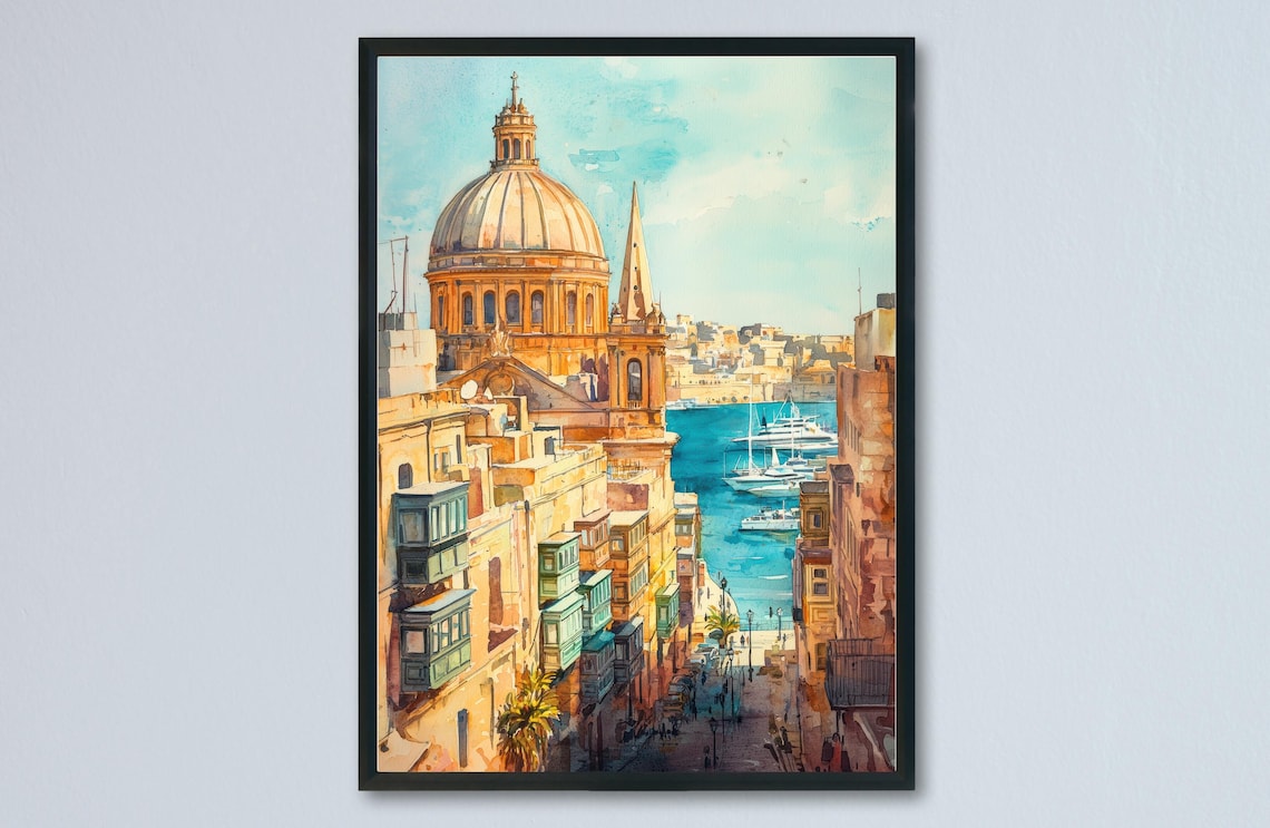 Mediterranean Harbor Domed Church Coastal City Watercolor Poster