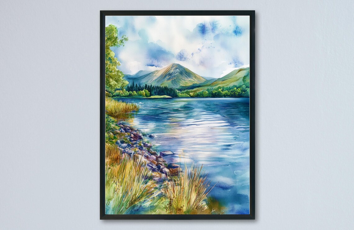 Loweswater Lake District Reeds Shoreline Calm Fells Watercolor Poster