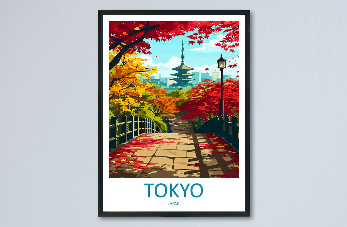 Tokyo Retro Japan Autumn Pagoda Red Maple Temple Garden Poster