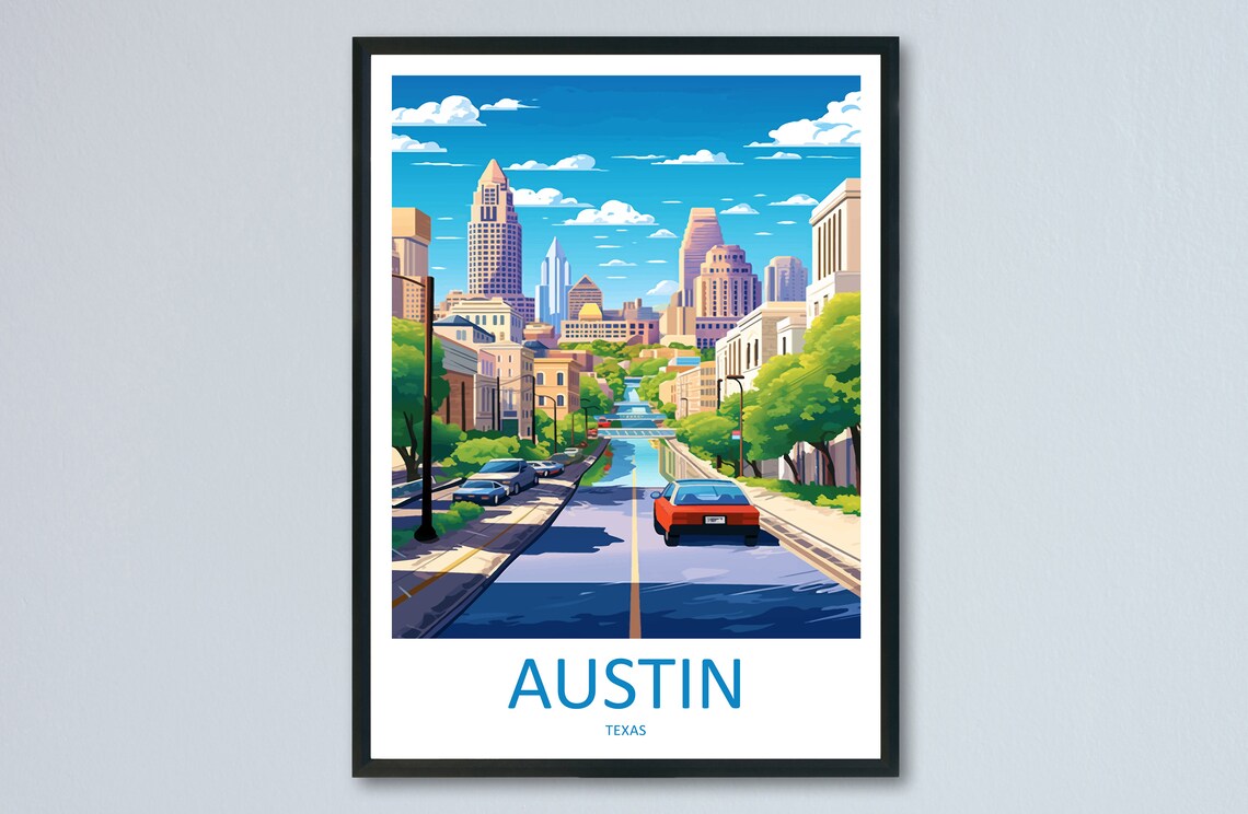 Austin Texas Downtown Street View City Skyline Travel Art Poster