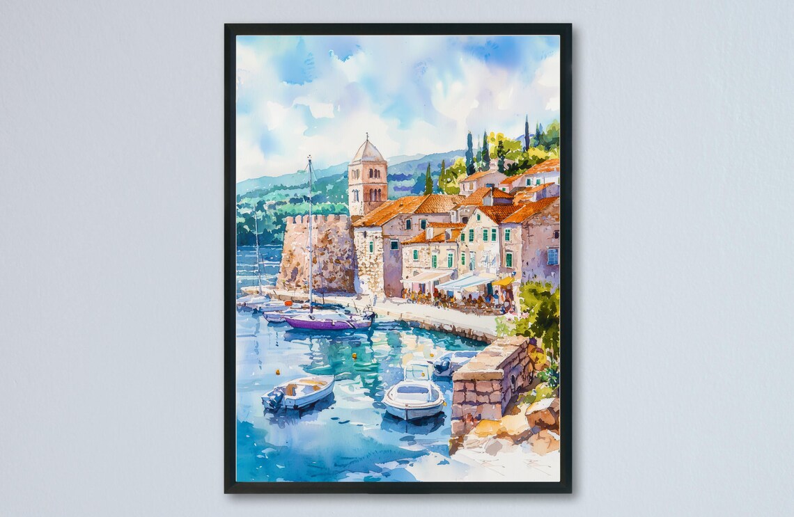 Hvar Old Town Harbor Sailboats Dalmatian Coast Watercolor Poster
