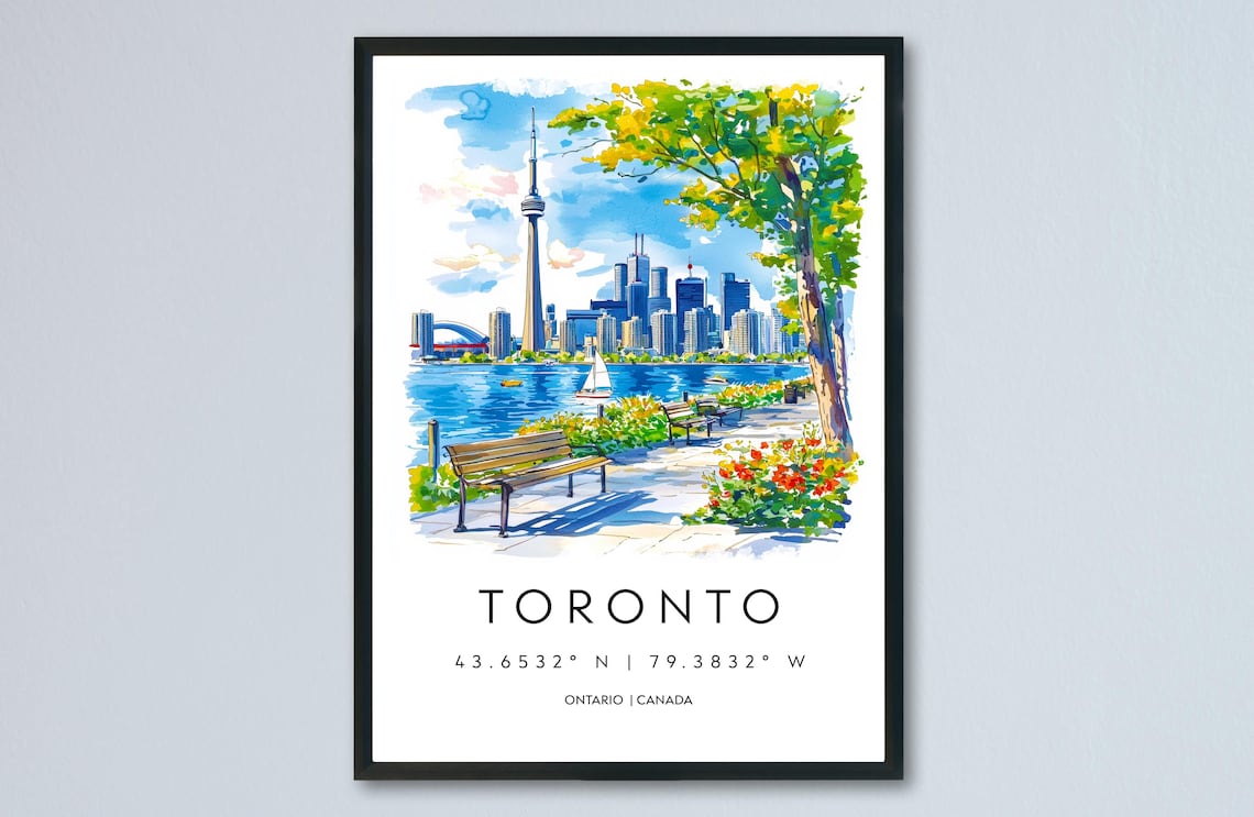 Toronto Canada Watercolor Travel Poster With Skyline CN Tower And Coordinates