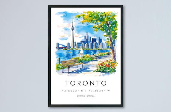 Toronto Canada Watercolor Travel Poster With Skyline CN Tower And Coordinates