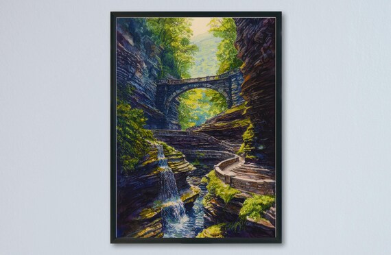 Watkins Glen Gorge Waterfall Stone Bridge Watercolor New York Poster