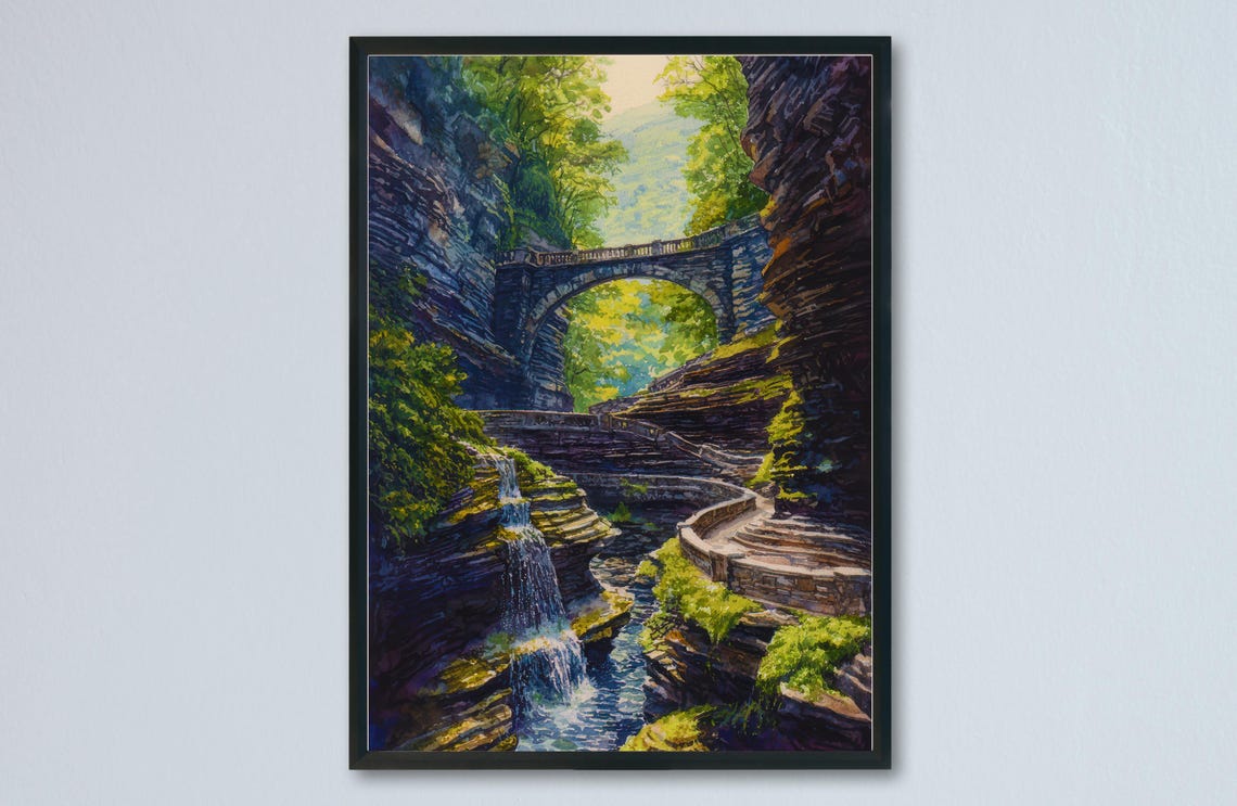 Watkins Glen Gorge Waterfall Stone Bridge Watercolor New York Poster