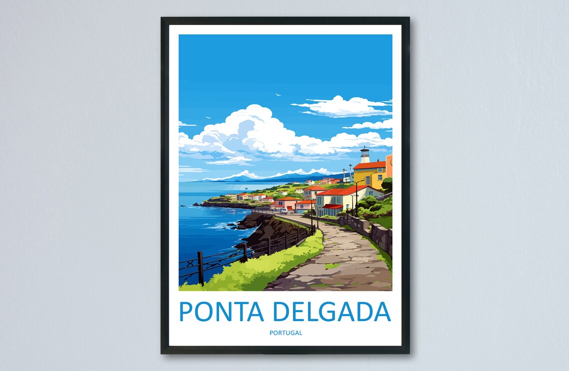 Ponta Delgada Portugal Azores Coastal Cliffs Lighthouse Travel Poster