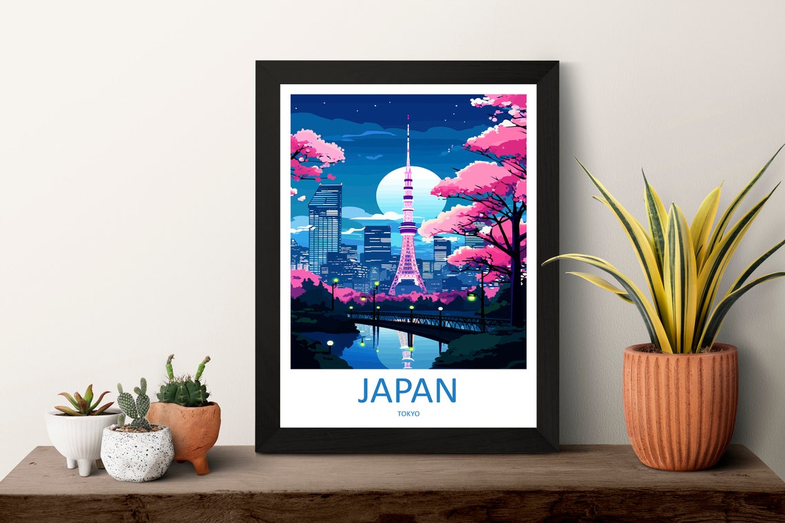 Japan Tokyo Skytree Cherry Blossom Moonlit Night Skyline Art Poster - Image 3