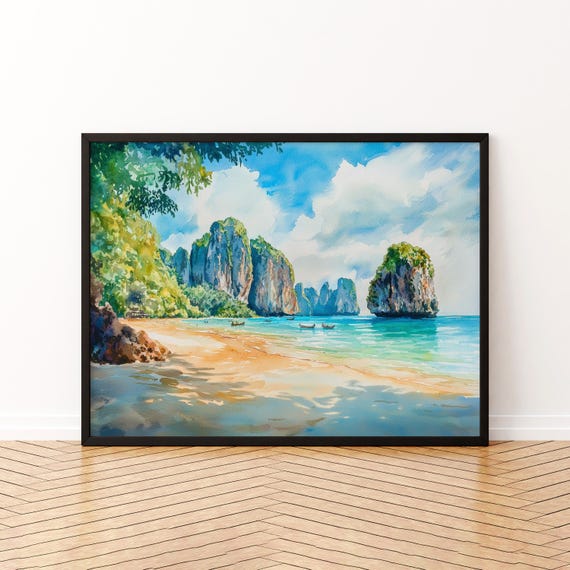 Krabi Thailand Watercolor Poster Travel Print Tropical Landscape Painting Beach Wall Art Asia Souvenir
