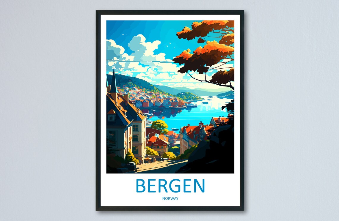 Bergen Norway Colorful Harbor Fjord Houses Travel Art Poster
