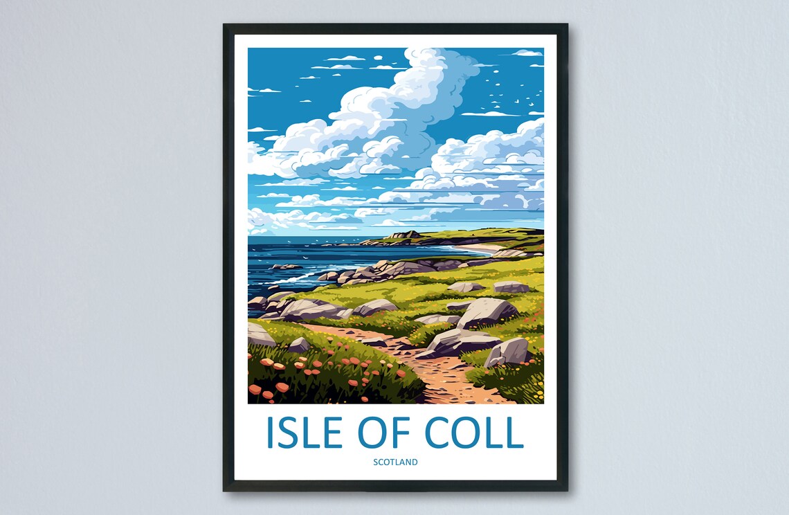 Isle Of Coll Scotland Rocky Coast Retro Illustration Travel Poster