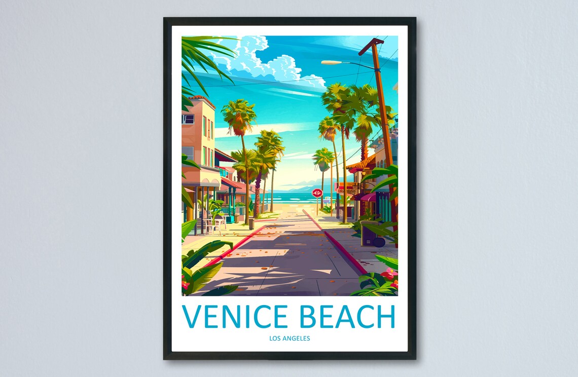 Venice Beach Los Angeles Palm Lined Street Ocean Vintage Travel Poster