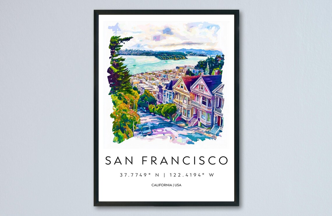 San Francisco Watercolor California Painted Ladies Hill Travel Poster