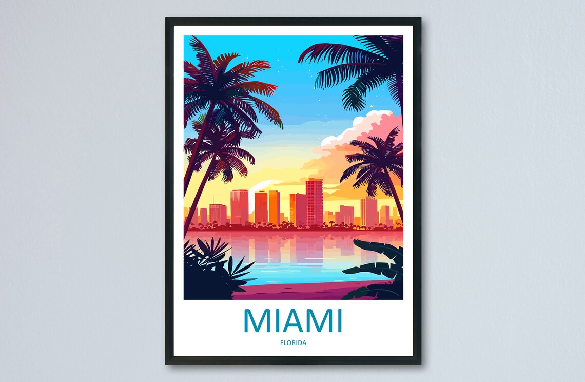 Miami Skyline Sunset Palm Trees Florida Beach Ocean Travel Poster
