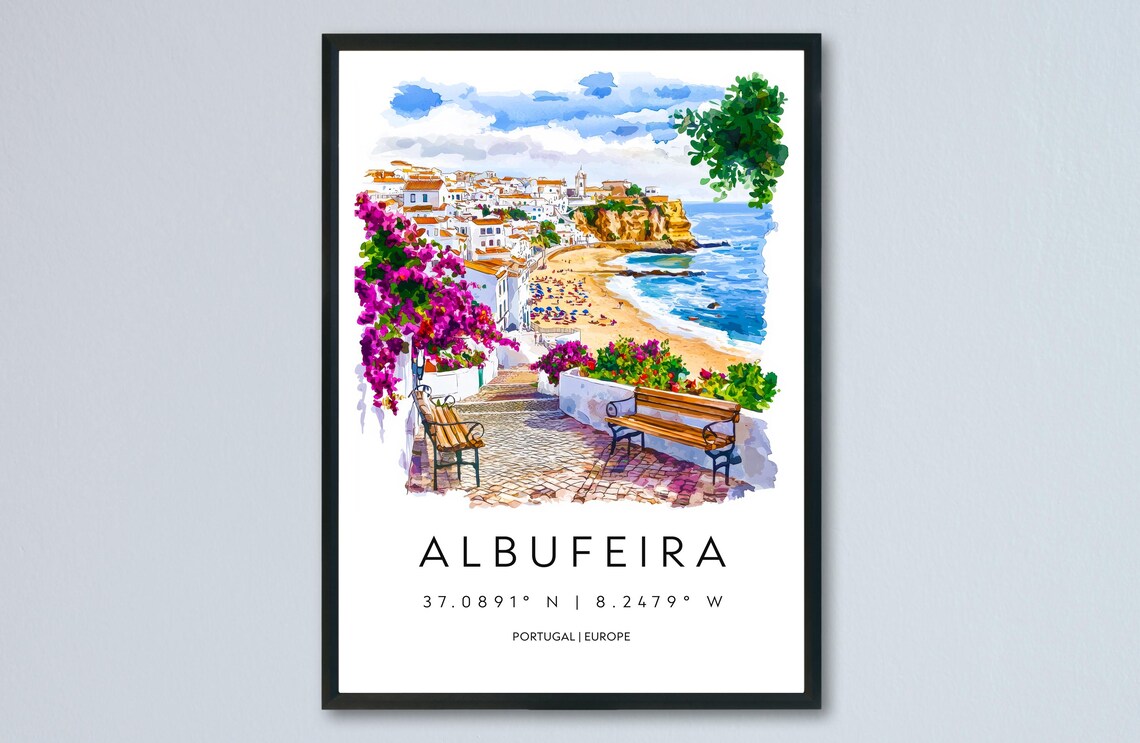 Albufeira Portugal Algarve Coastal Beach Town Scene Watercolor Poster