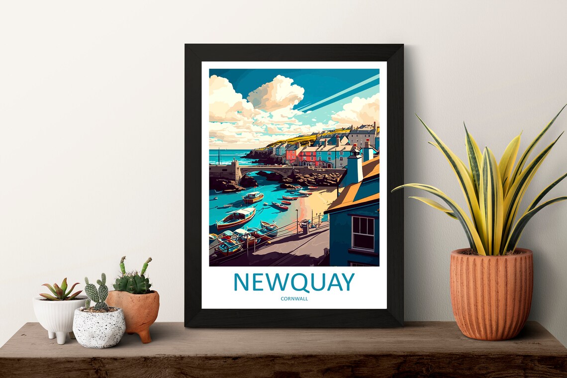 Newquay Cornwall Harbor Fishing Boats Colorful Houses Sunset Poster - Image 3