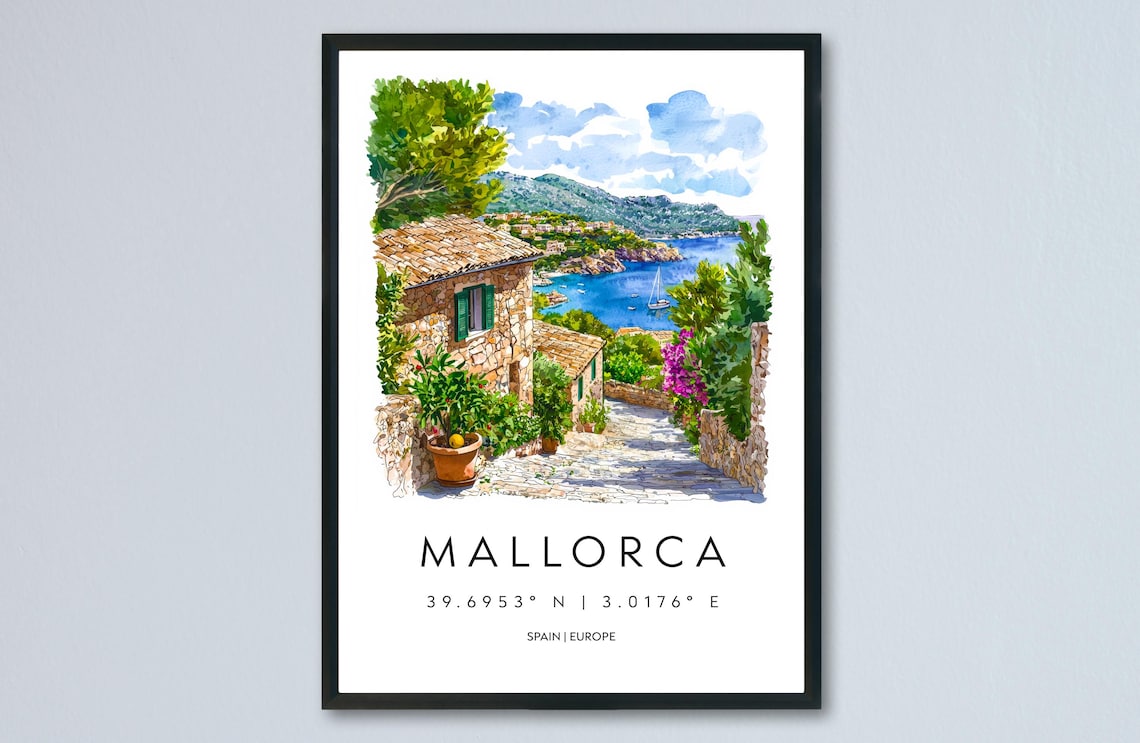 Mallorca Spain Stone Village Overlooking Turquoise Bay Travel Poster
