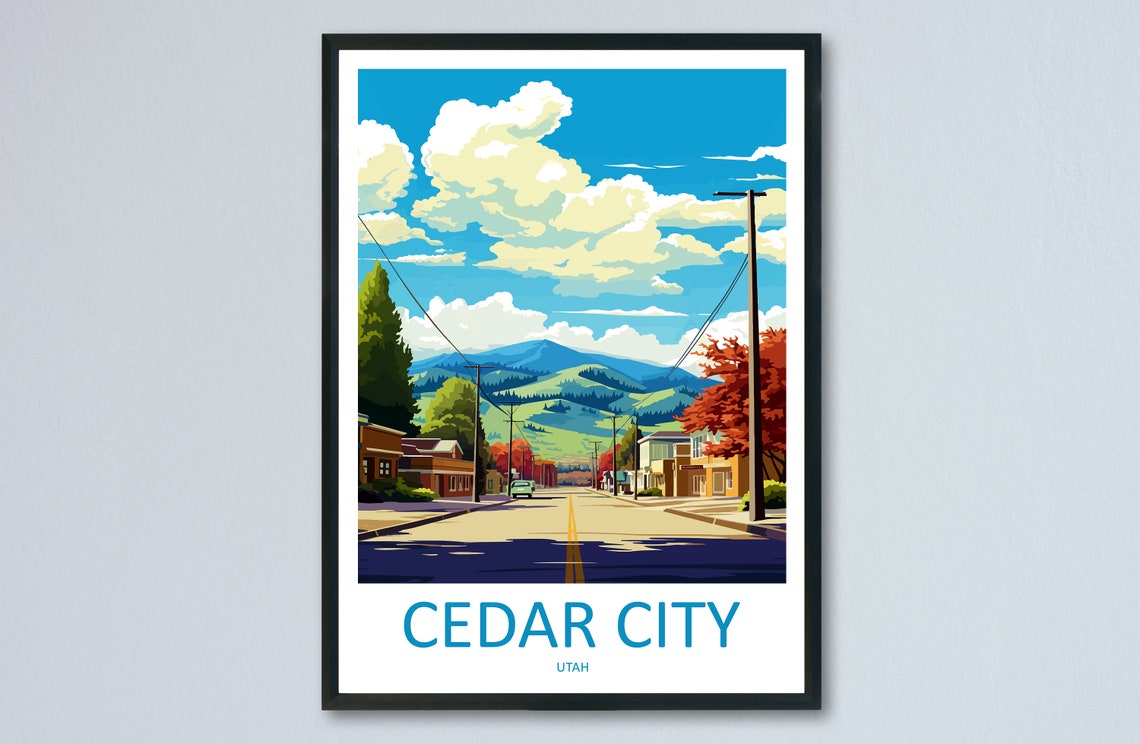 Cedar City Utah Retro Main Street Autumn Mountain Scene Poster