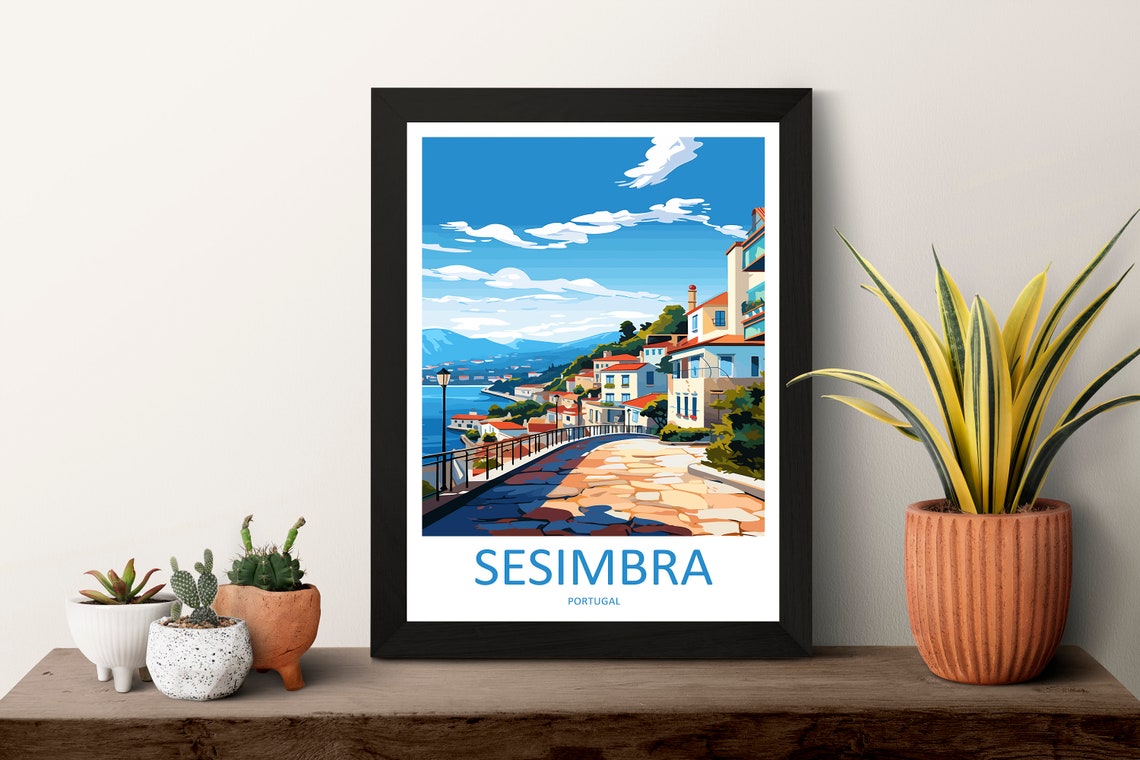 Sesimbra Hillside Cobblestone Street Portugal Coast Travel Poster - Image 3