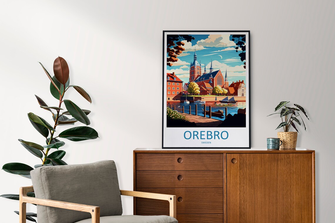 Orebro Sweden Riverside Cathedral and Boats Harbor View Travel Poster - Image 2