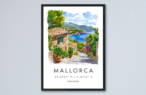 Mallorca Spain Watercolor Coastal Town Mediterranean Travel Poster