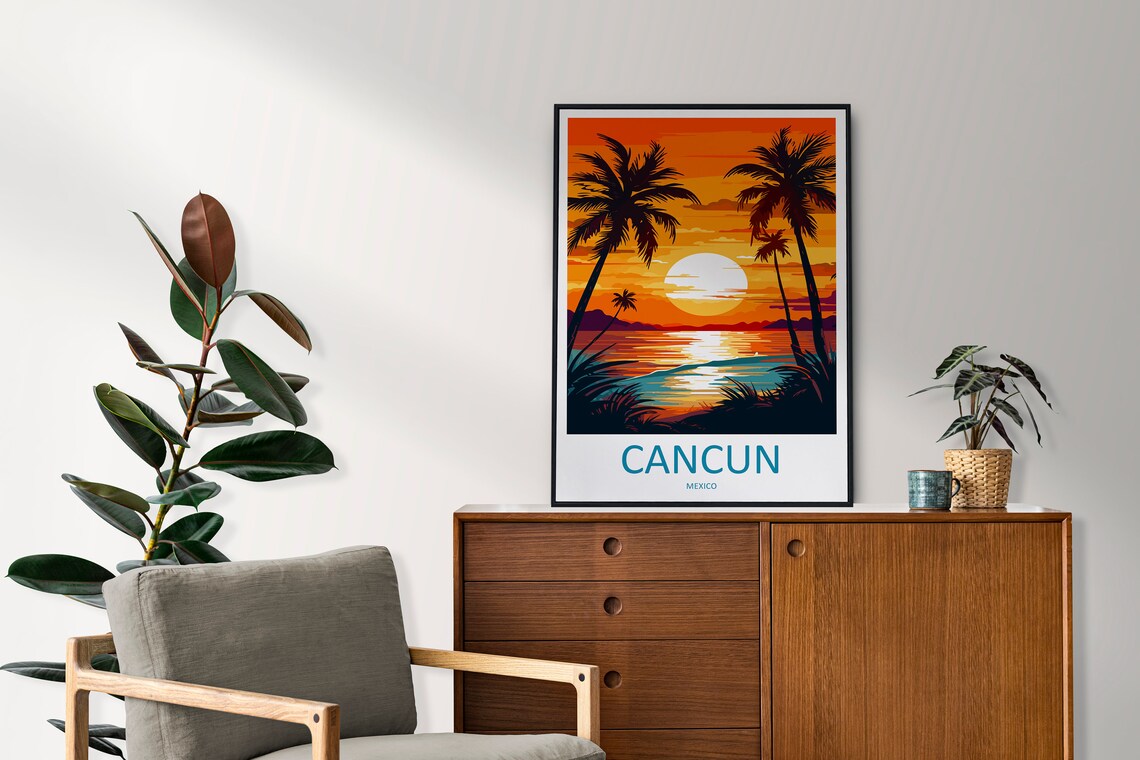 Cancun Mexico Sunset Palms Ocean Tropical Beach Silhouette Poster - Image 2