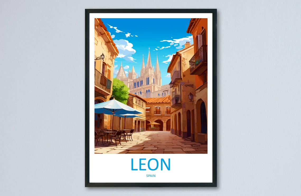 Leon Spain Gothic Cathedral Old Town Street Sunny Travel Poster