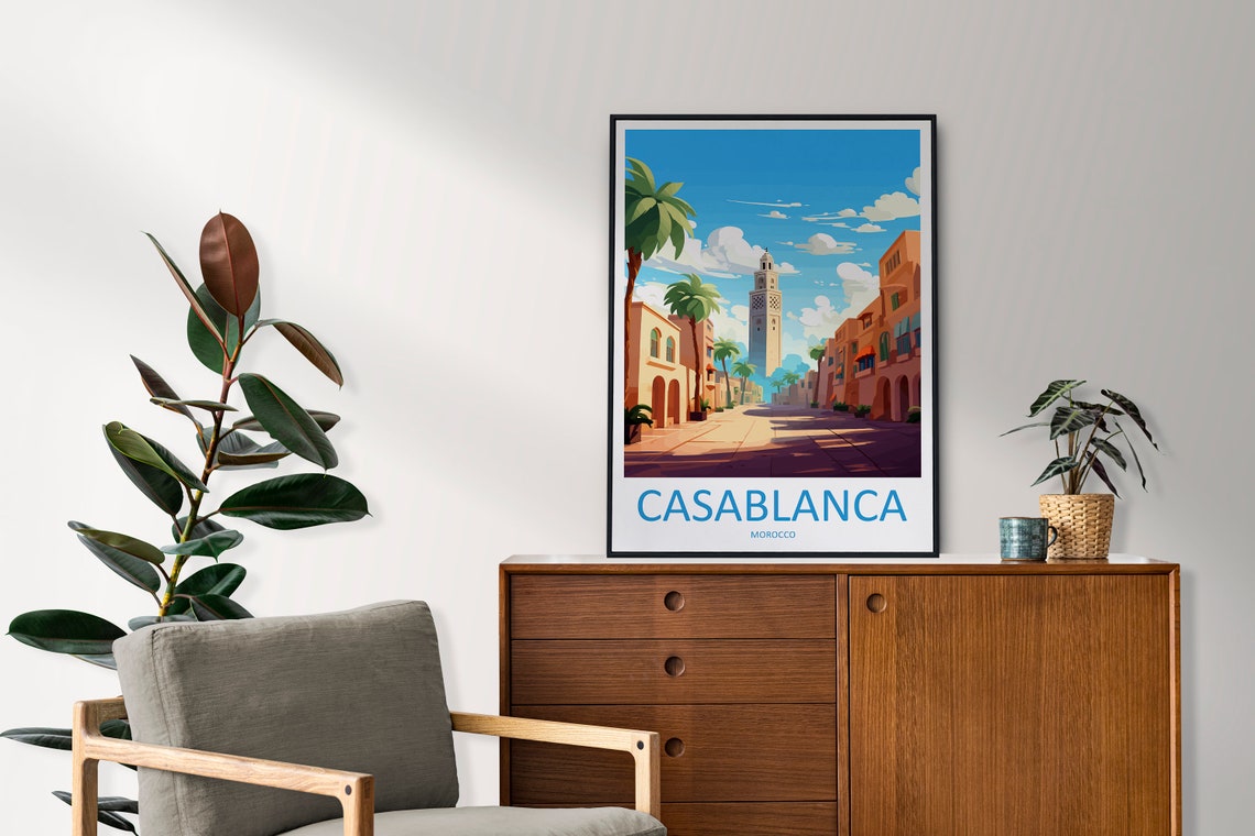 Casablanca Morocco Sunlit Street Palm Trees And Minaret Poster - Image 2