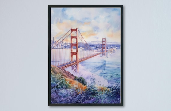 San Francisco Golden Gate Bridge Watercolor California Travel Poster