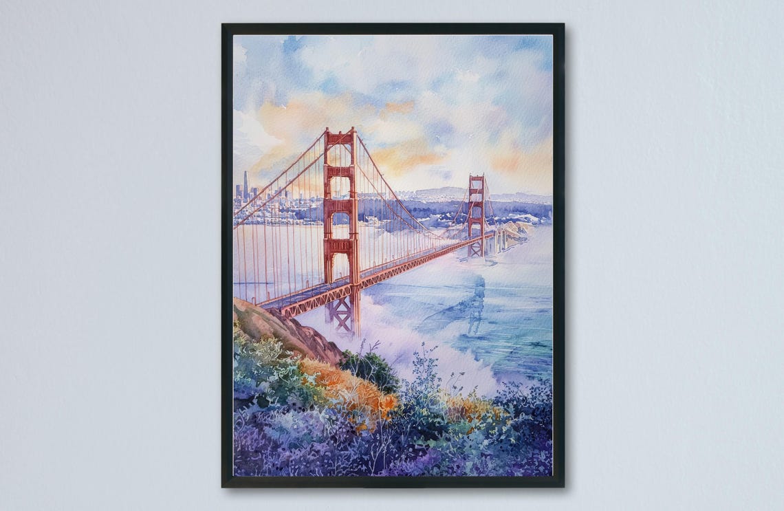 San Francisco Golden Gate Bridge Watercolor California Travel Poster