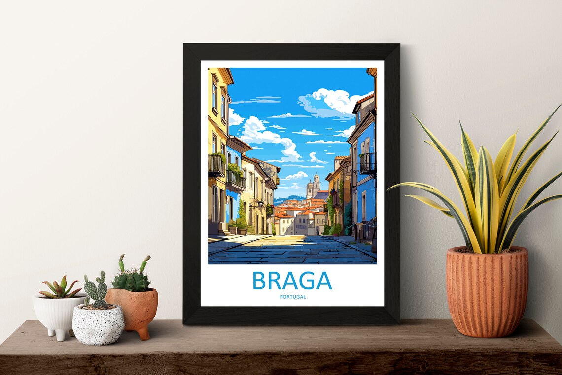 Braga Portugal Cobblestone Old Street Church Skyline Bright Poster - Image 3