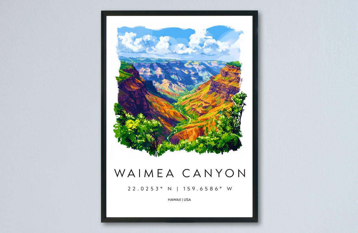 Waimea Canyon Hawaii Scenic Red Rock Watercolor Travel Poster