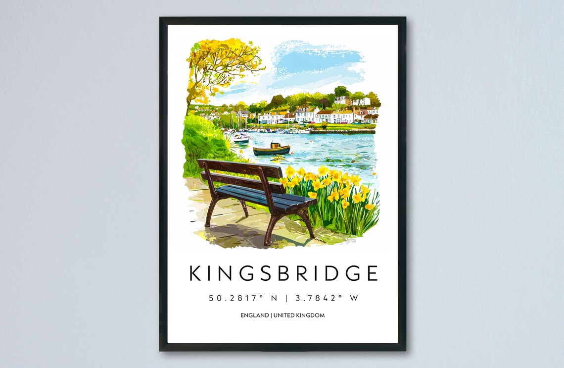Kingsbridge England Riverside Bench Daffodils Watercolor Poster